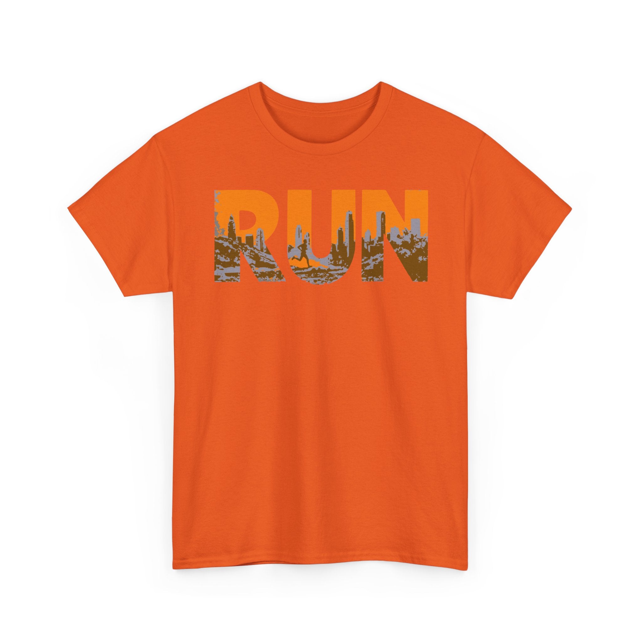 RUN Graphic Tee — Cityscape Running Shirt for Runners & Fitness Enthusiasts