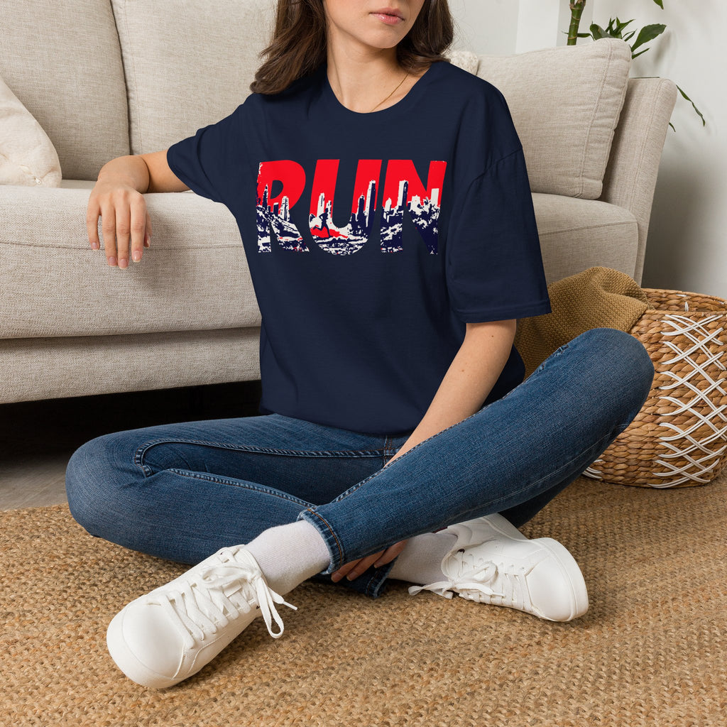 RUN (Red White and Blue) T‑Shirt — Bold Skyline Running Design