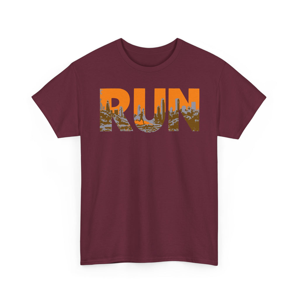 RUN Graphic Tee — Cityscape Running Shirt for Runners & Fitness Enthusiasts