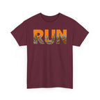 RUN Graphic Tee — Cityscape Running Shirt for Runners & Fitness Enthusiasts