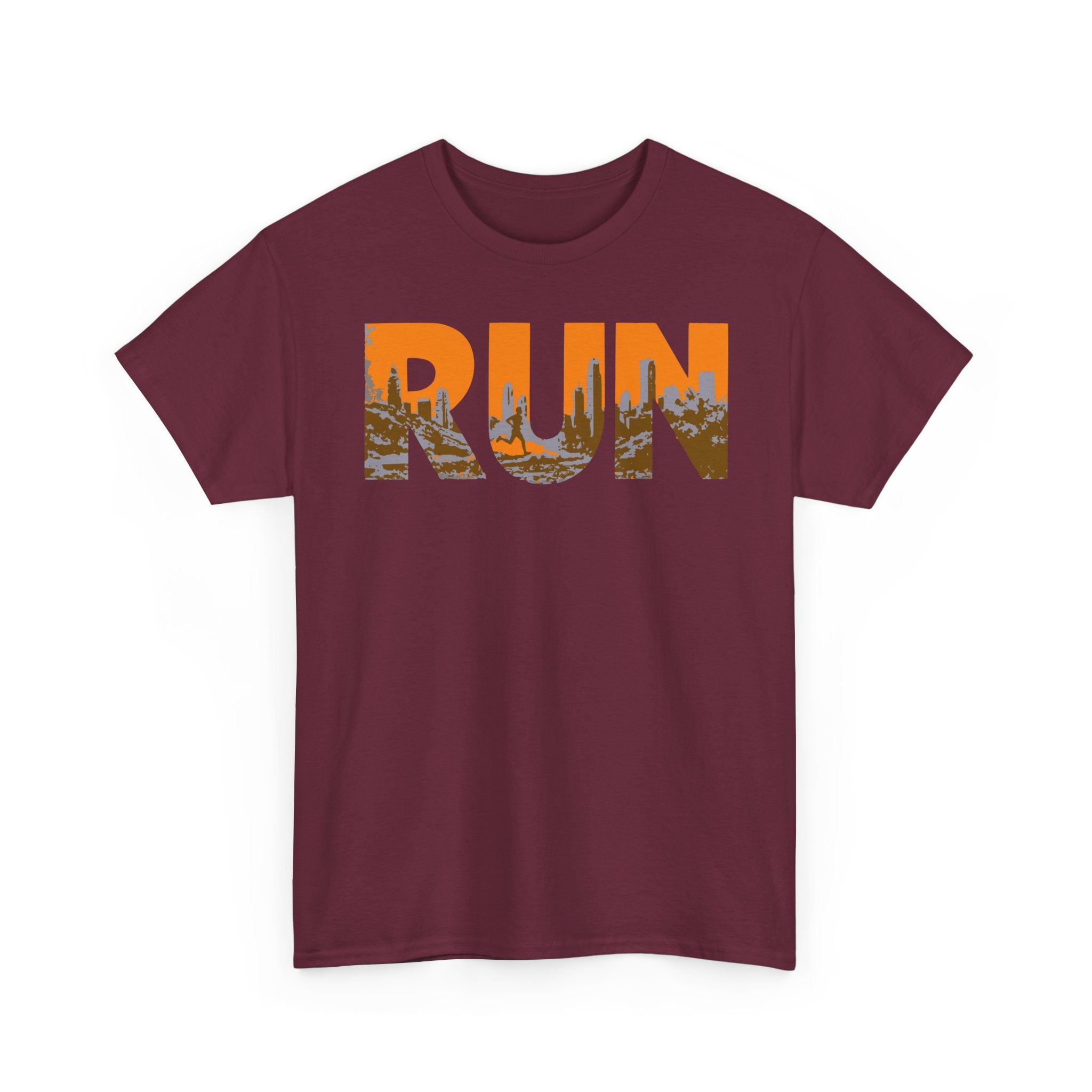 RUN Graphic Tee — Cityscape Running Shirt for Runners & Fitness Enthusiasts