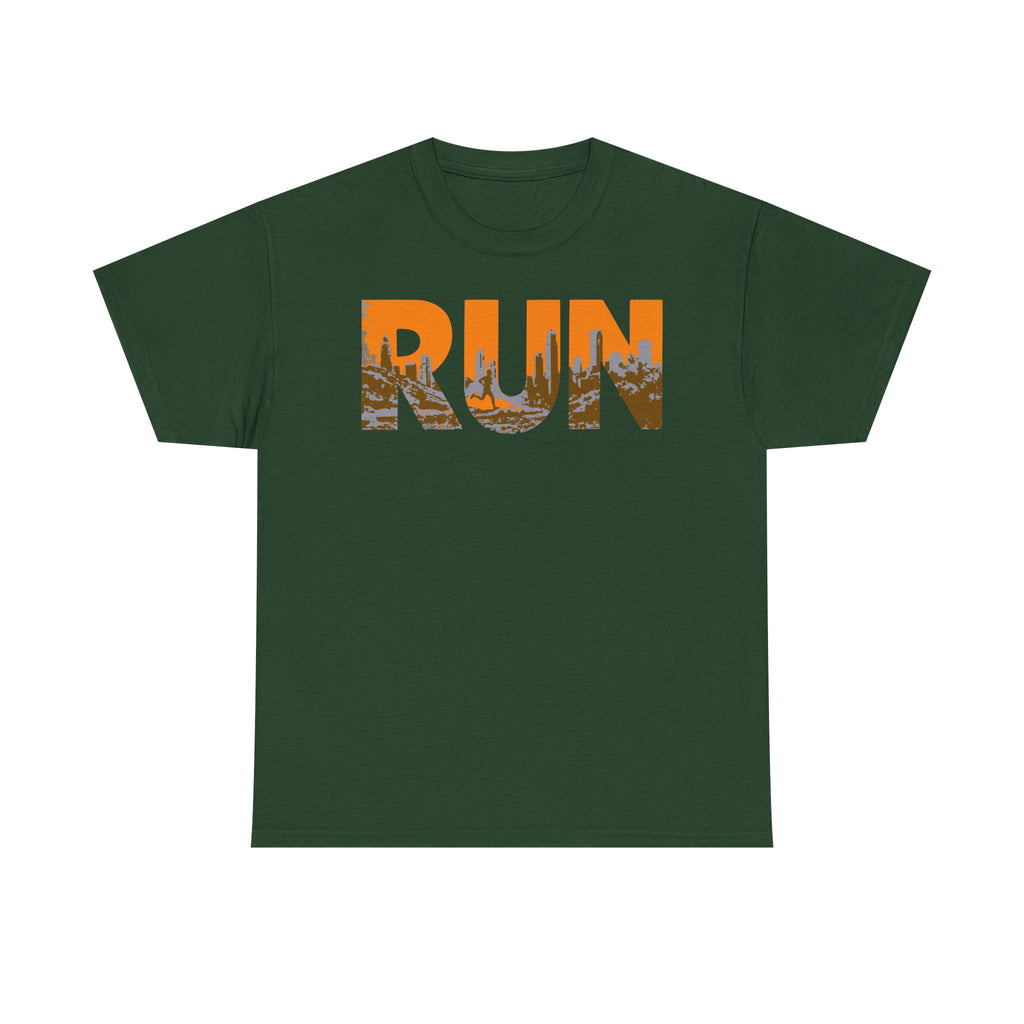 RUN Graphic Tee — Cityscape Running Shirt for Runners & Fitness Enthusiasts