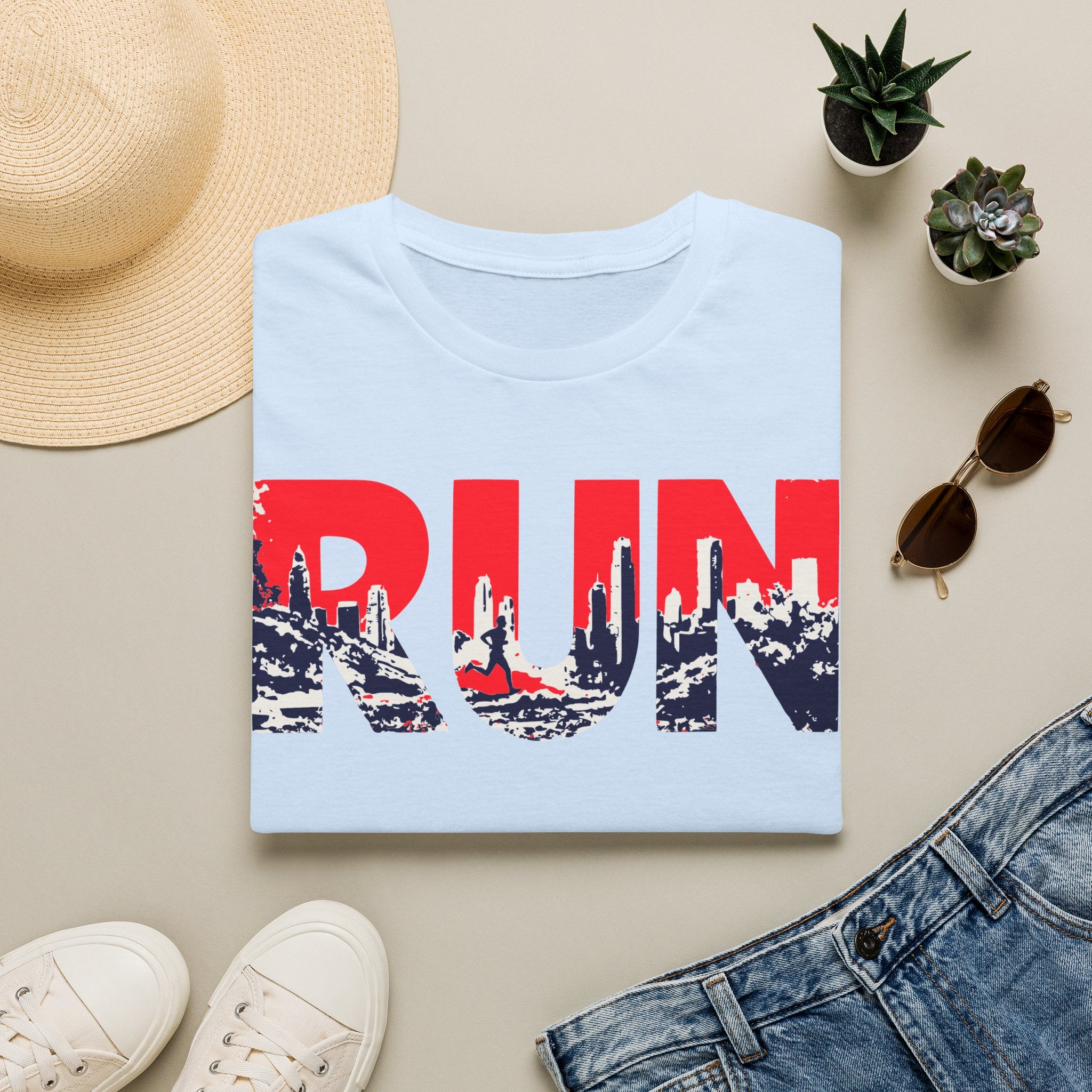 RUN (Red White and Blue) T‑Shirt — Bold Skyline Running Design