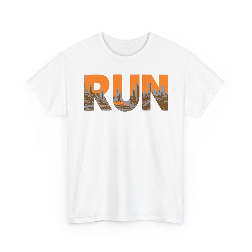 RUN Graphic Tee — Cityscape Running Shirt for Runners & Fitness Enthusiasts