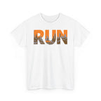 RUN Graphic Tee — Cityscape Running Shirt for Runners & Fitness Enthusiasts