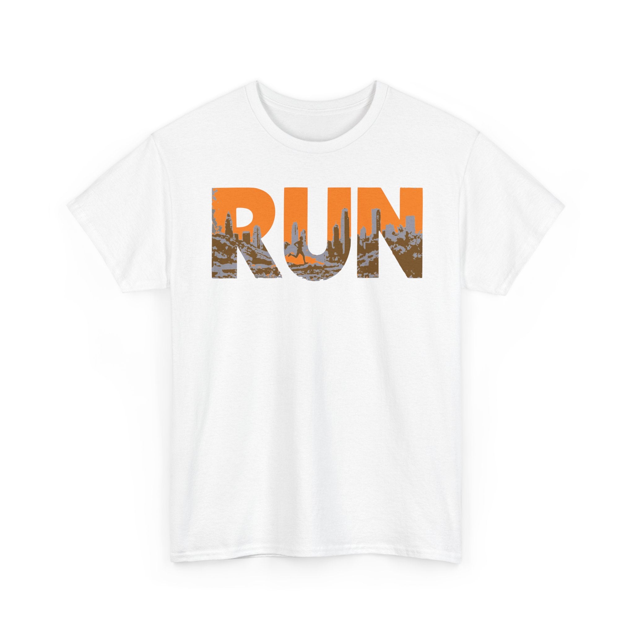 RUN Graphic Tee — Cityscape Running Shirt for Runners & Fitness Enthusiasts