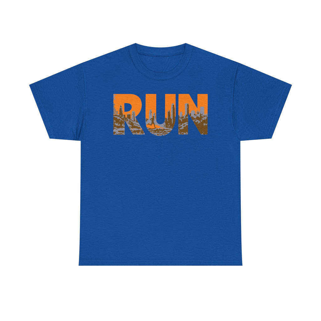 RUN Graphic Tee — Cityscape Running Shirt for Runners & Fitness Enthusiasts