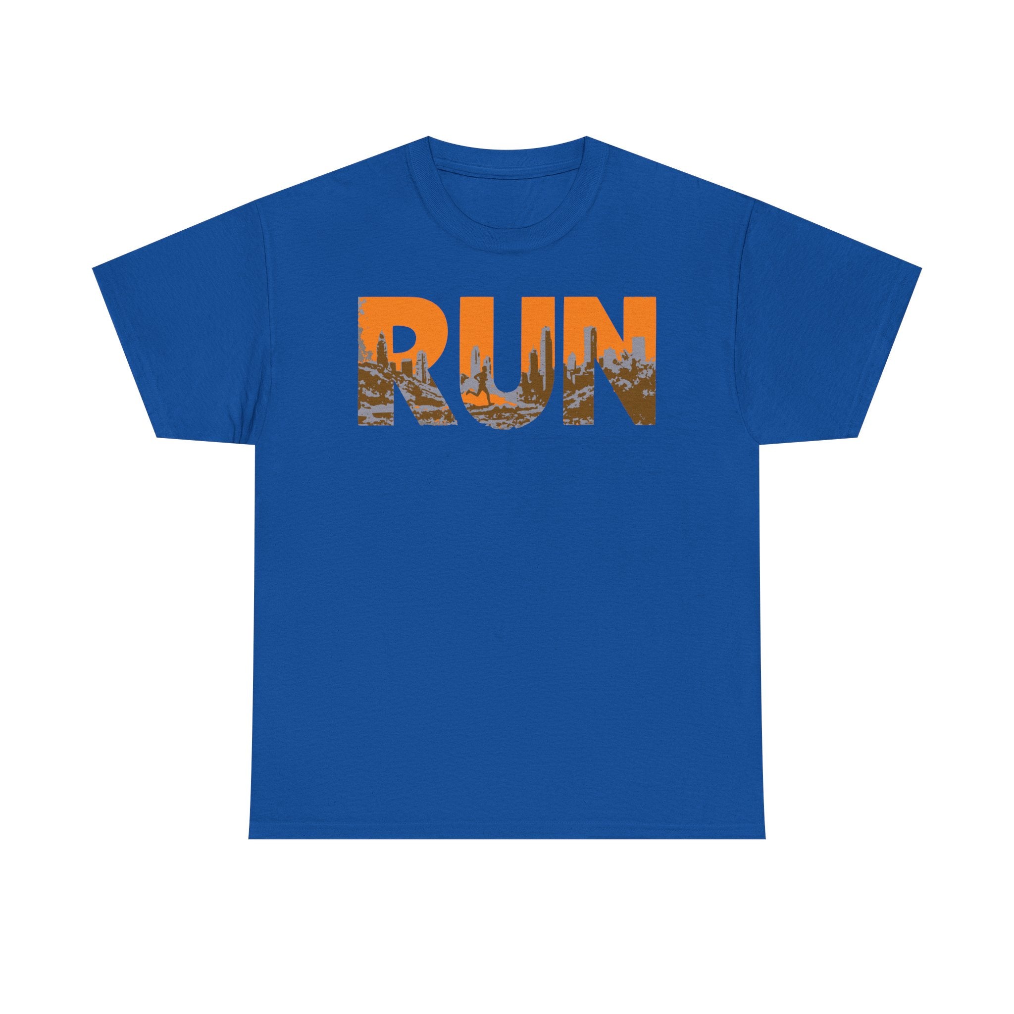 RUN Graphic Tee — Cityscape Running Shirt for Runners & Fitness Enthusiasts