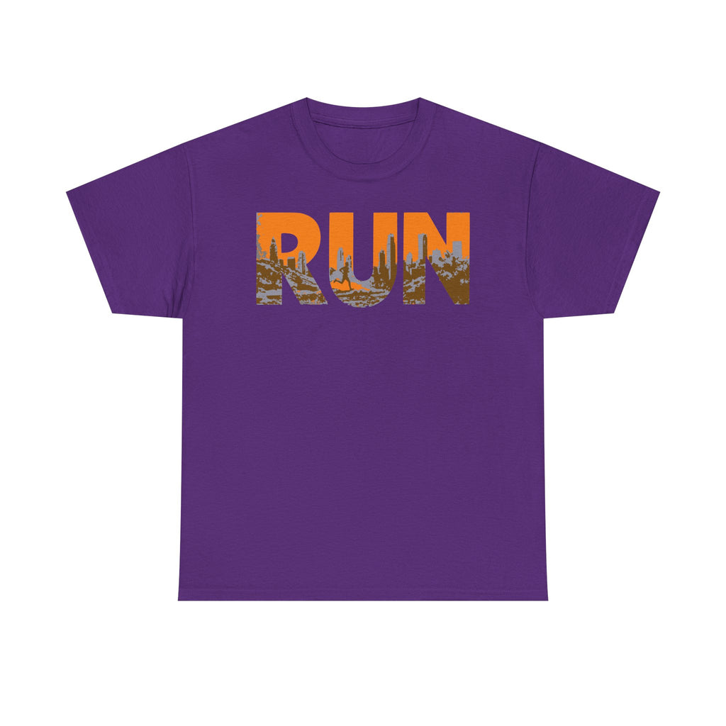 RUN Graphic Tee — Cityscape Running Shirt for Runners & Fitness Enthusiasts