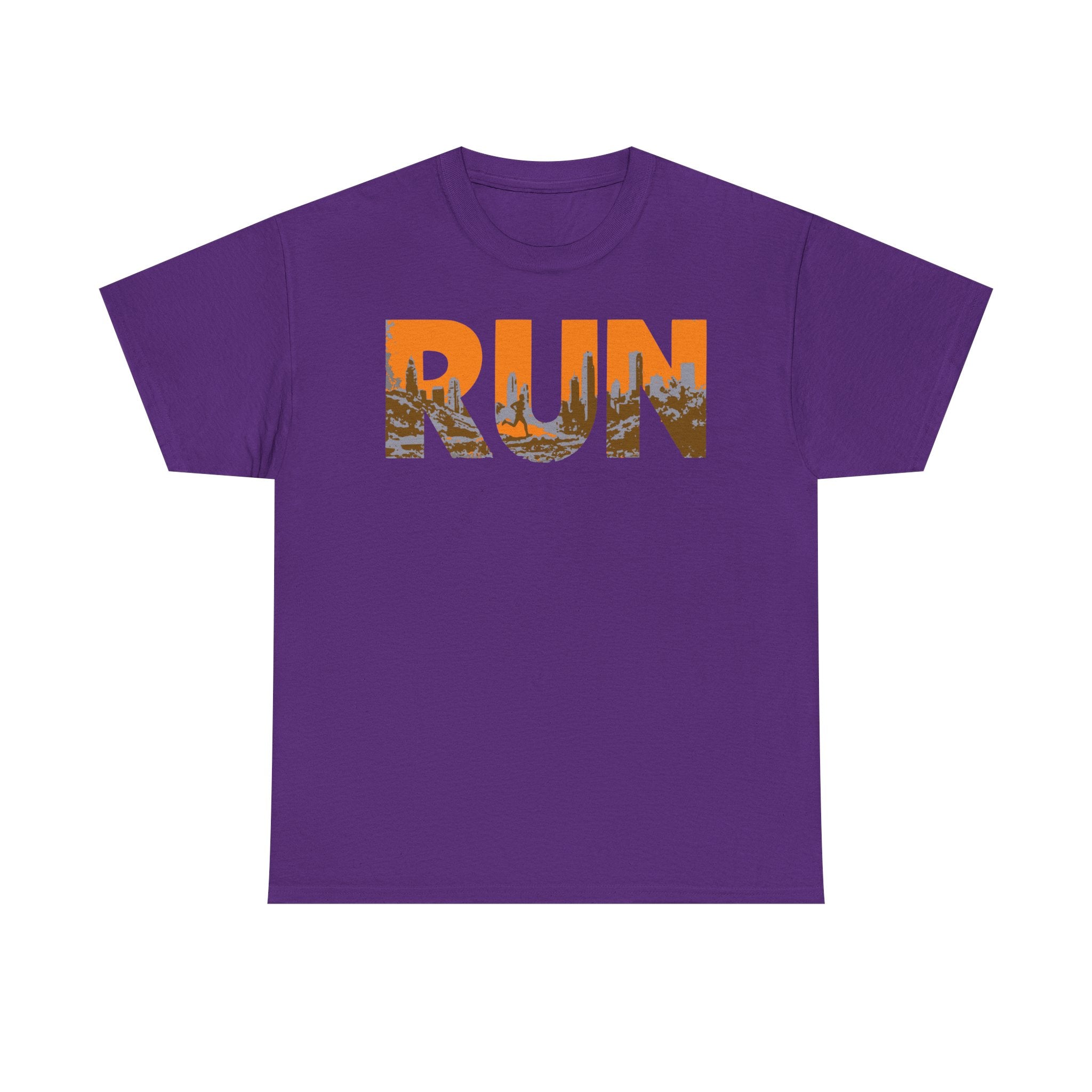 RUN Graphic Tee — Cityscape Running Shirt for Runners & Fitness Enthusiasts