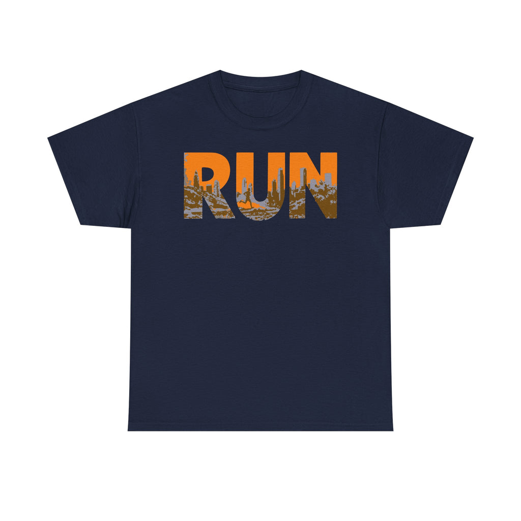 RUN Graphic Tee — Cityscape Running Shirt for Runners & Fitness Enthusiasts