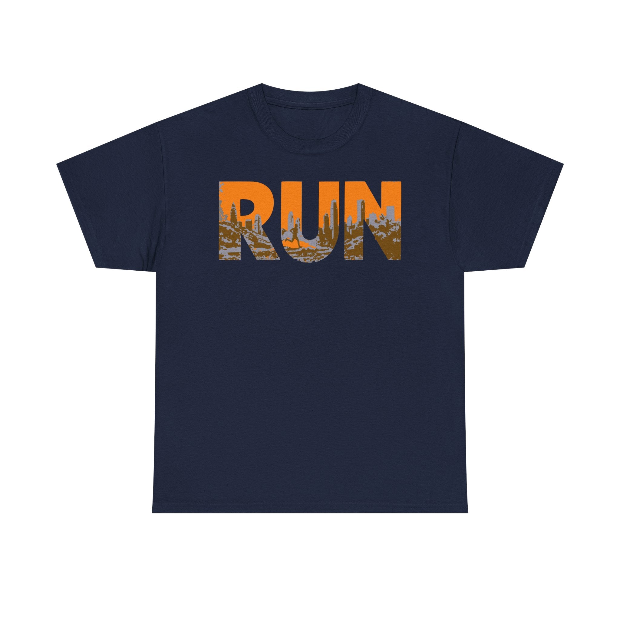 RUN Graphic Tee — Cityscape Running Shirt for Runners & Fitness Enthusiasts