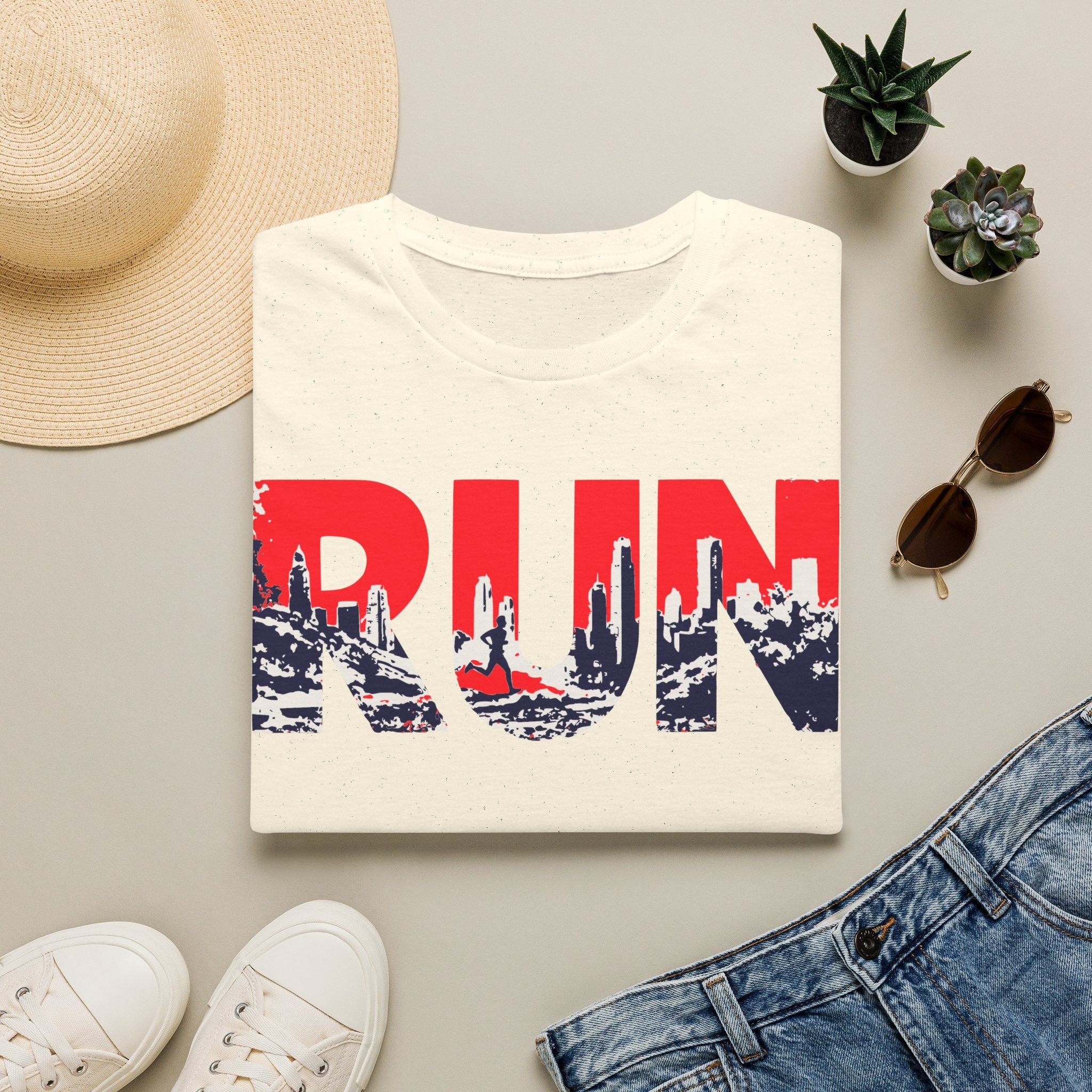 RUN (Red White and Blue) T‑Shirt — Bold Skyline Running Design