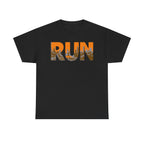 RUN Graphic Tee — Cityscape Running Shirt for Runners & Fitness Enthusiasts