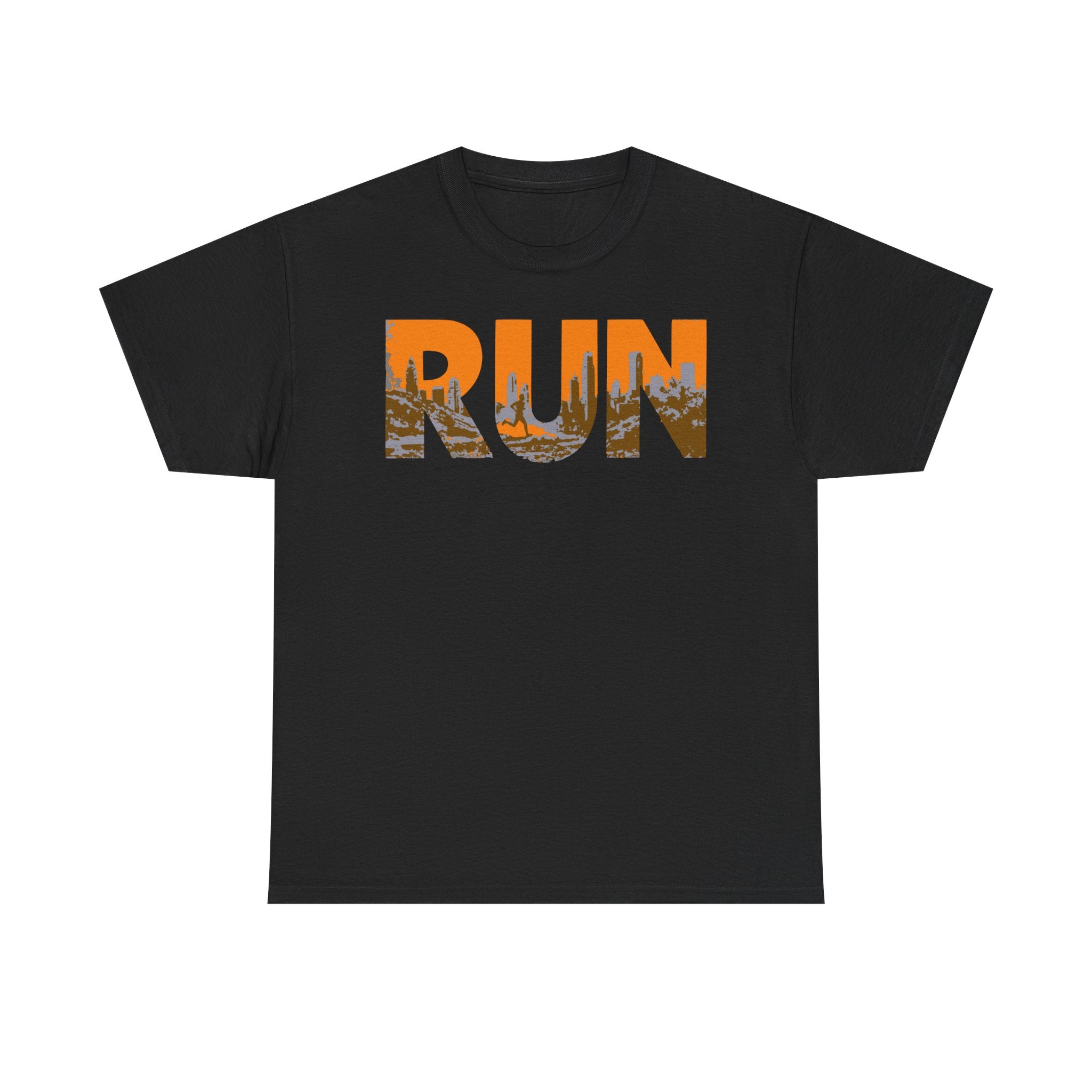 RUN Graphic Tee — Cityscape Running Shirt for Runners & Fitness Enthusiasts